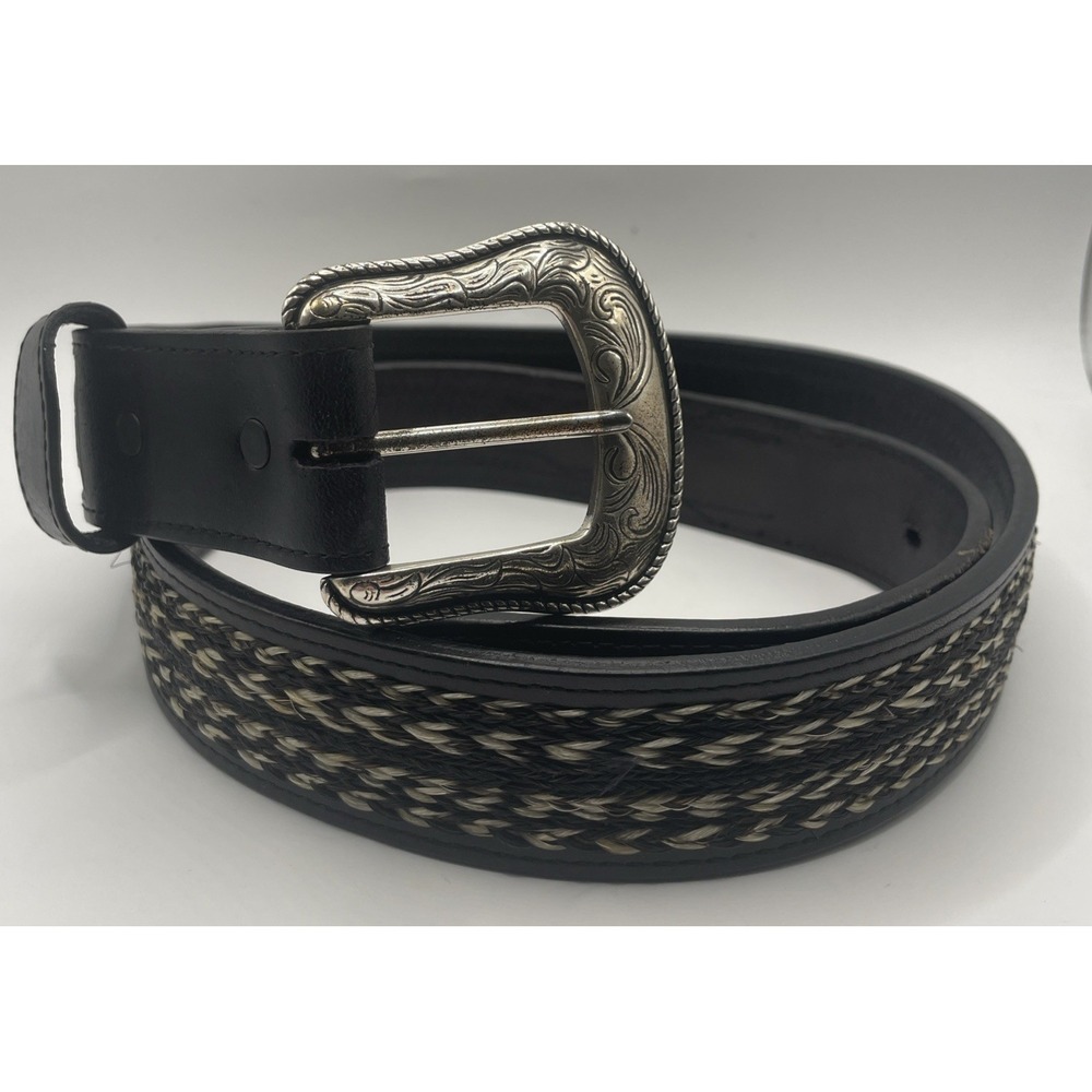 Ranger Belt Company Hand Tooled Black Leather Western Belt Men's Size 44 Braided